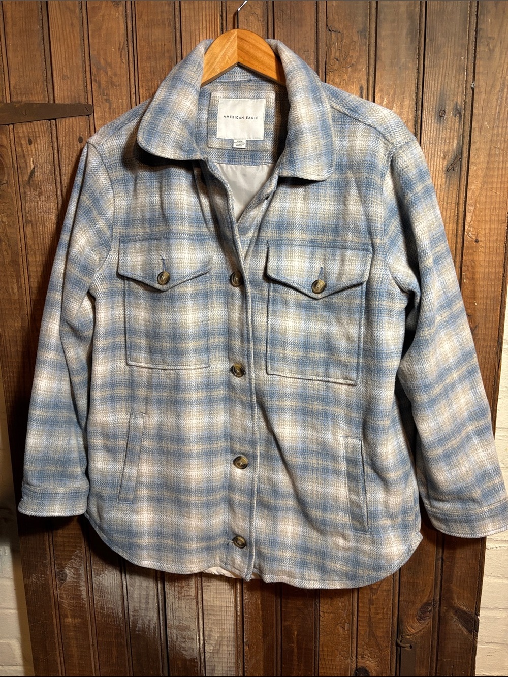 American Eagle Outfitters Light Blue and Cream Plaid Utility Shirt/Jacket